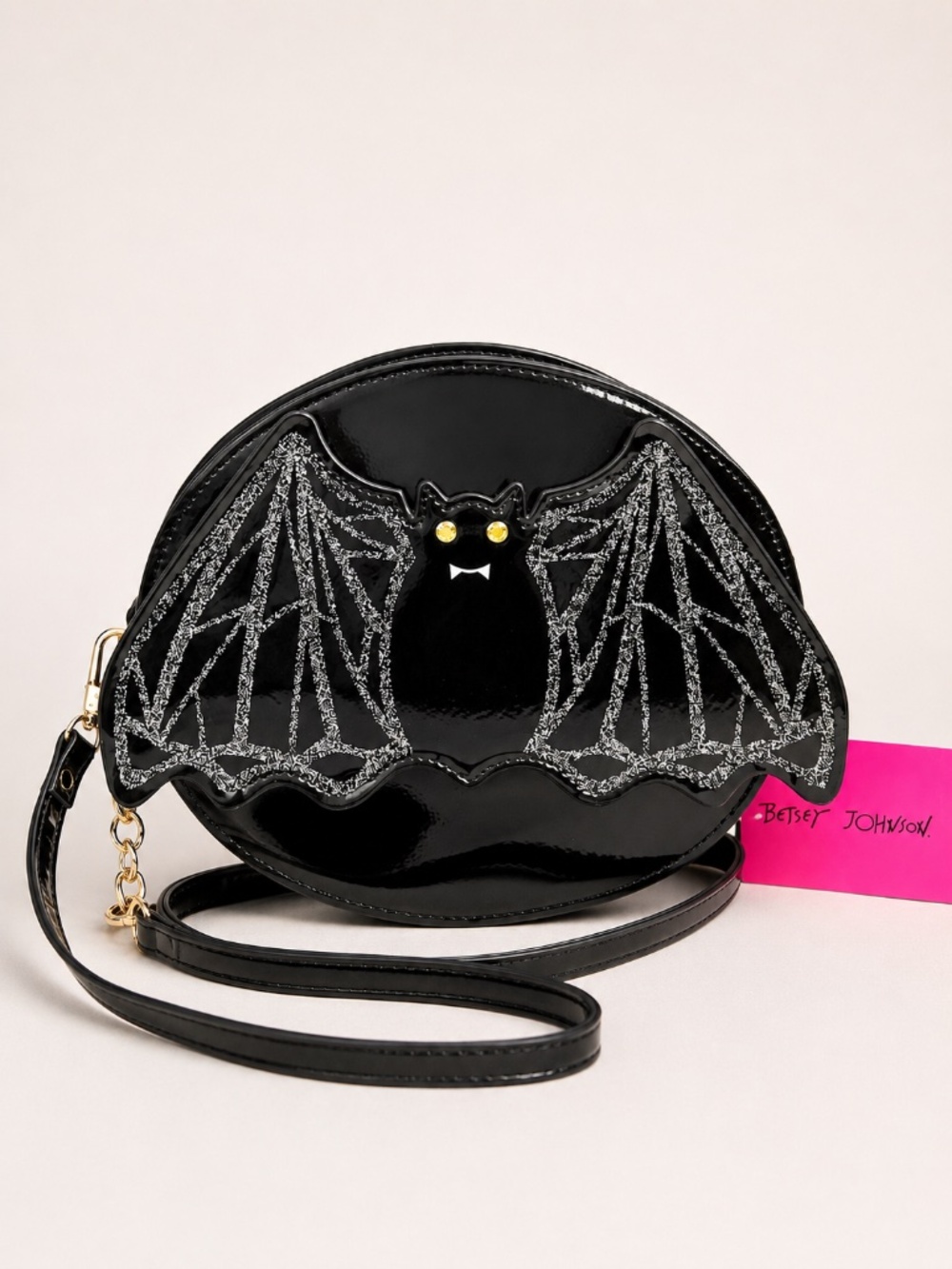 Betsey Johnson Bat Crossbody Bag Halloween Black Glitter Wings Patent NWT
